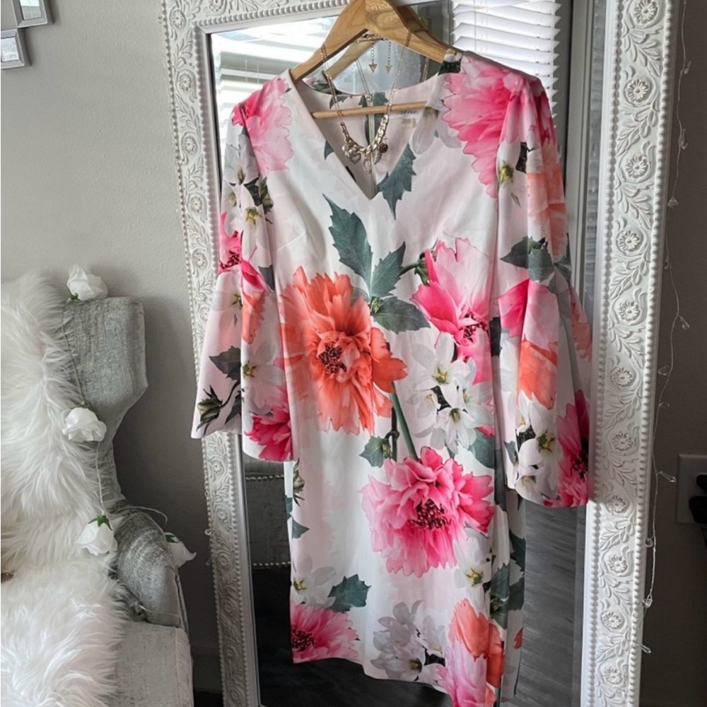 Calvin Klein Floral Midi Dress - Pink and White